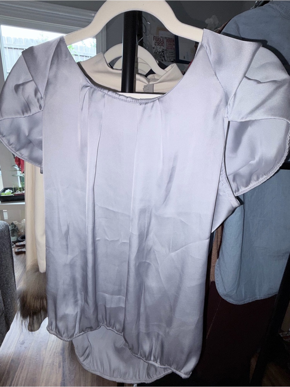 Lavender Satin Flutter Sleeve Blouse - Women's